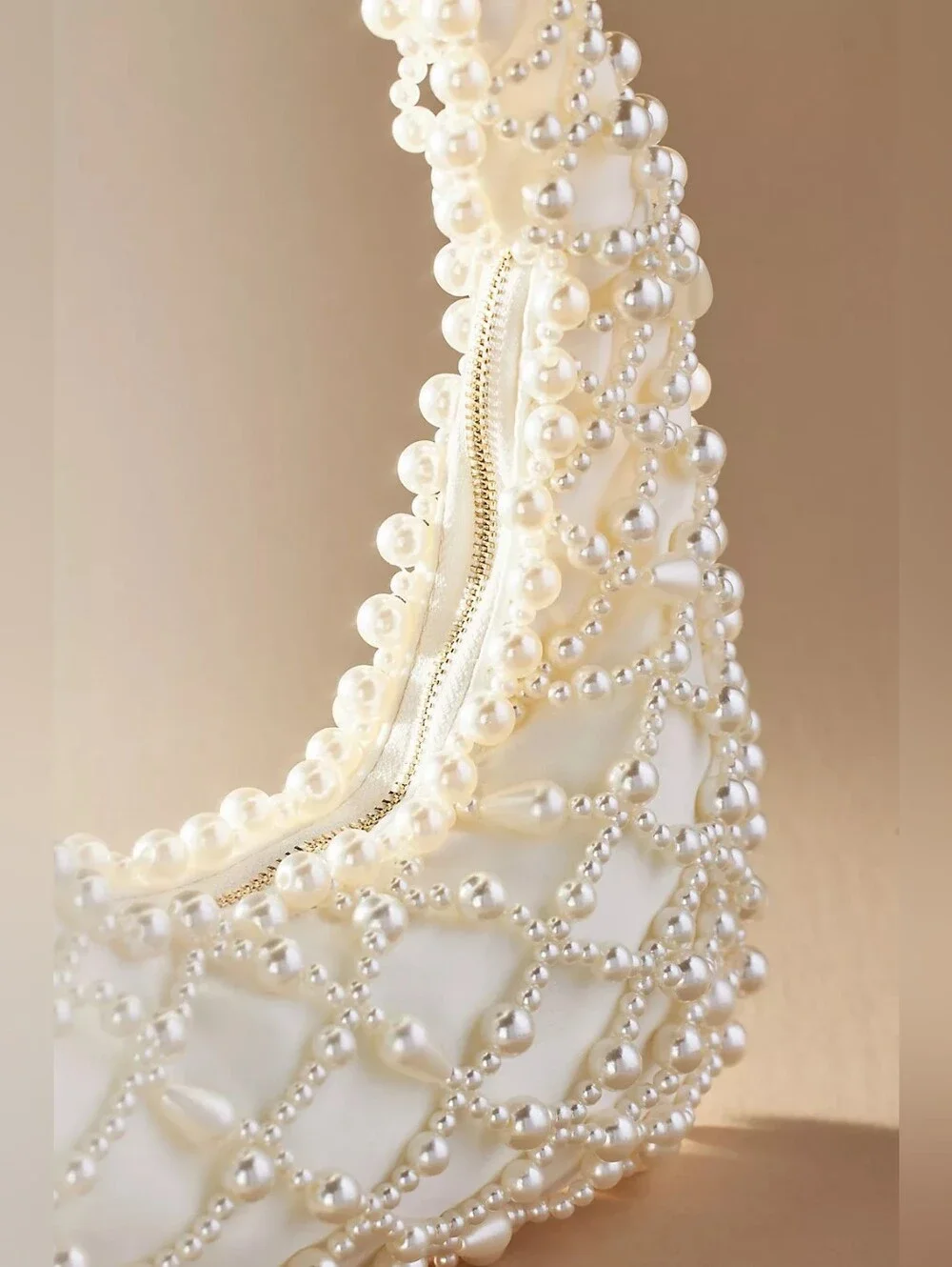 Anthropologie Lucy Satin Pearl Handbag Pearl Beaded Cream Shoulder Bridal Bag